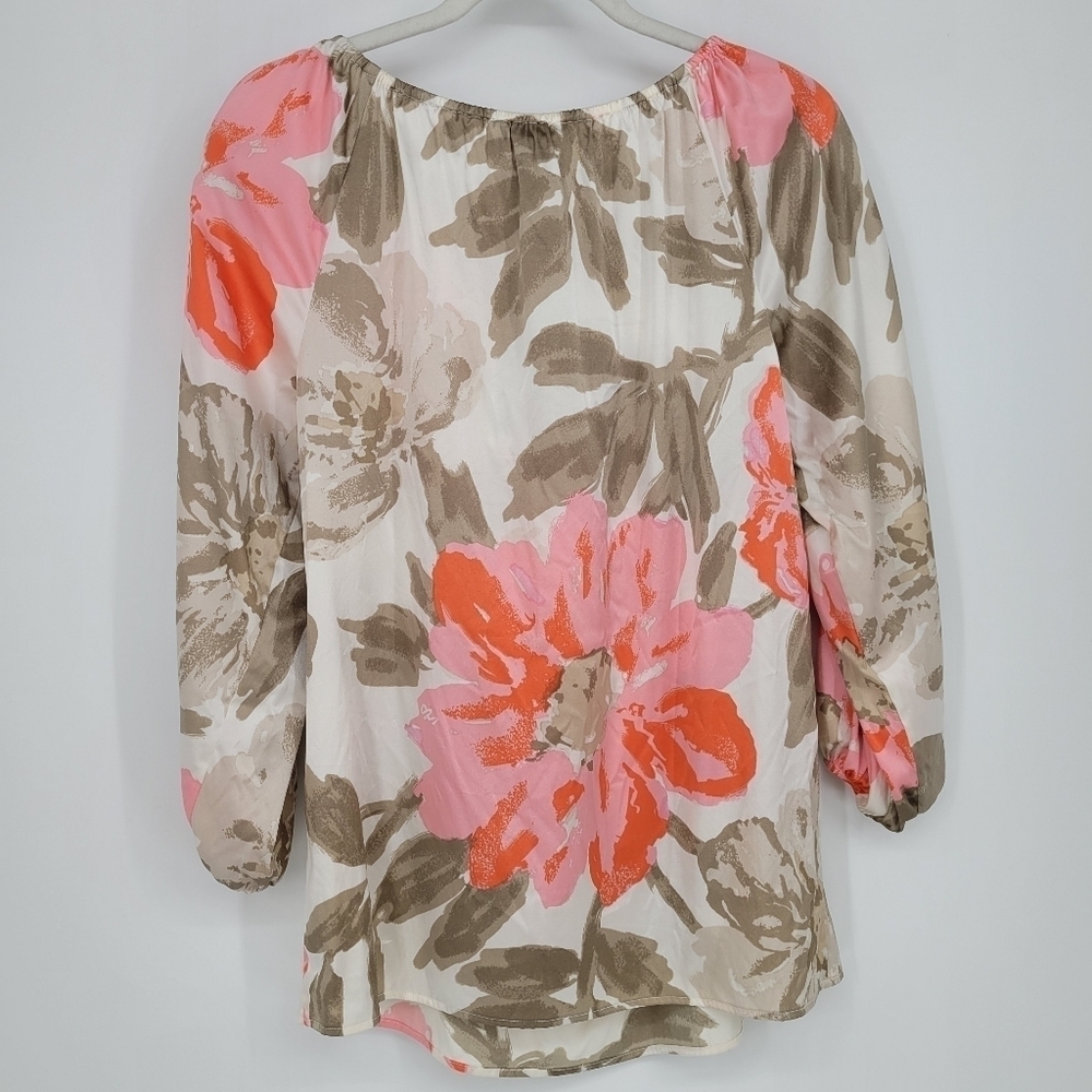 St john silk floral bubble sleeves tie neck blouse top size 4 - Picture 2 of 11